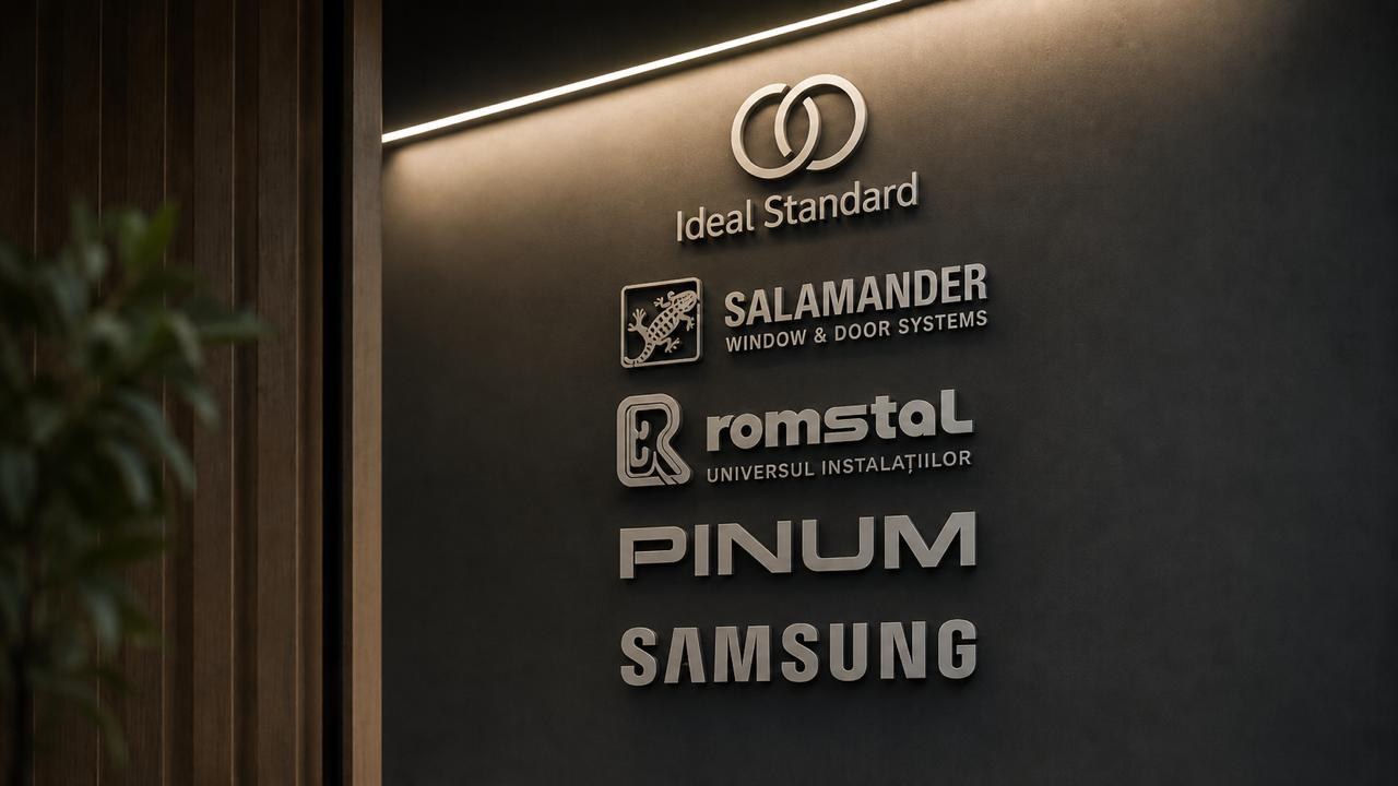 Logourile brandurilor folosite la Vistas Villa · Ideal Standard, Salamander, Romstal, Pinum, Samsung