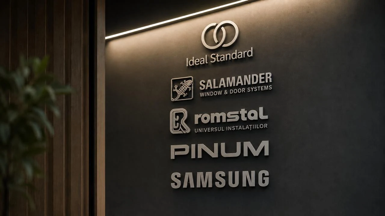 Logourile brandurilor folosite la Vistas Villa · Ideal Standard, Salamander, Romstal, Pinum, Samsung