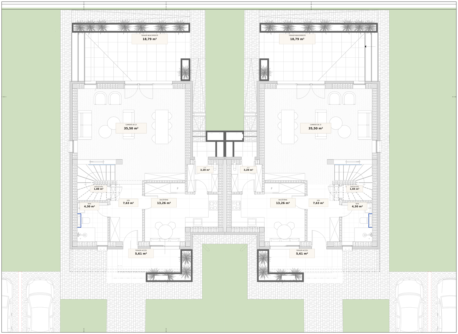 Plan parter casă cuplată
